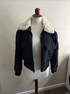 Hollister Black Bomber Jacket with Cream Faux Shearling Collar